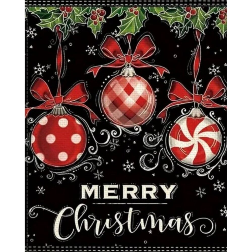 Red Christmas Ornament Garden Flag Holiday Party Banner Plaid Bow Winter Decor
